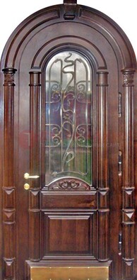 Арочная металлическая дверь массив со стеклом и ковкой ДА-50 в Железнодорожном