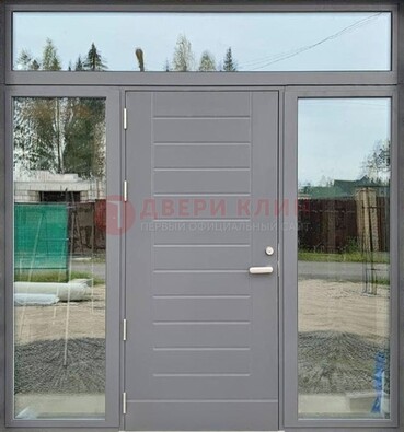 Серая стальная дверь с панелью МДФ и стеклянными фрамугами ДФГ-28 в Железнодорожном