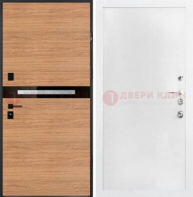 Железная коричневая дверь с МДФ в белом цвете ДМ-313 в Железнодорожном