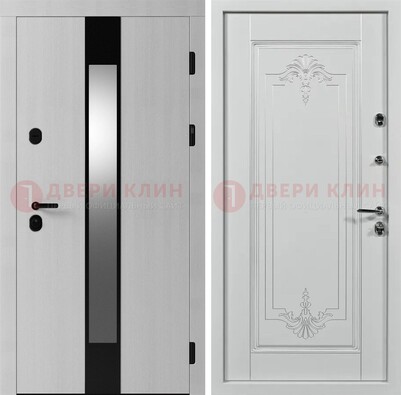 Белая металлическая дверь МДФ с зеркальной вставкой ДМ-324 в Железнодорожном