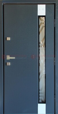 Серая стальная дверь с порошковым покрытием и стеклянной вставкой ДП-216 в Железнодорожном
