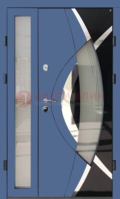 Синяя металлическая дверь со стеклом и узором ДС-13 в Железнодорожном