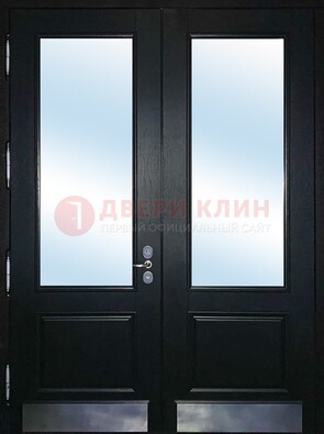Черная двухстворчатая металлическая дверь со стеклом ДС-25 в Железнодорожном