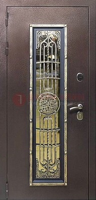 Железная дверь цвета медный антик со стеклом и ковкой ДСК-105 в Железнодорожном