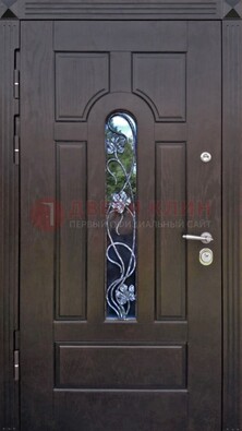 Металлическая дверь со стеклом и ковкой в цвете венге ДСК-142 в Железнодорожном