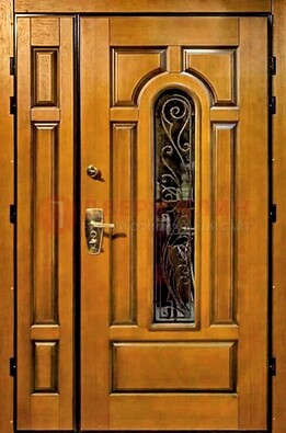 Распашная металлическая дверь со стеклом и ковкой для дома ДСК-152 в Железнодорожном