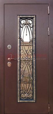 Коричневая стальная дверь порошок со стеклом и ковкой для дома ДСК-169 в Железнодорожном