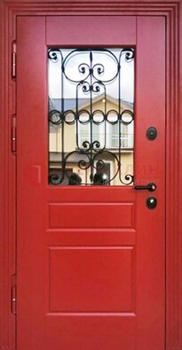 Красная железная дверь Винорит со стеклом и ковкой ДСК-205 в Железнодорожном