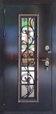 Железная дверь с порошковым напылением стеклом и ковкой ДСК-279 в Железнодорожном