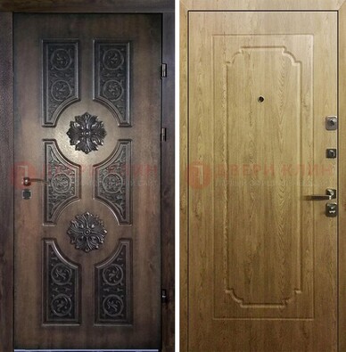 Железная коричневая дверь с виноритом и Золотой дуб внутри ДВТ-101 в Железнодорожном