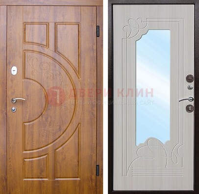 Коричневая металлическая дверь c МДФ с узором и зеркалом ДЗ-105 в Железнодорожном
