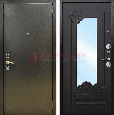 Железная темная дверь c порошковым напылением и МДФ с узором и зеркалом ДЗ-111 в Железнодорожном