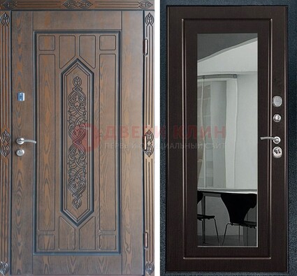 Уличная коричневая дверь c виноритом и МДФ Венге с зеркалом ДЗ-116 в Железнодорожном