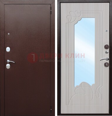 Коричневая металлическая дверь с зеркалом МДФ внутри ДЗ-33 в Железнодорожном