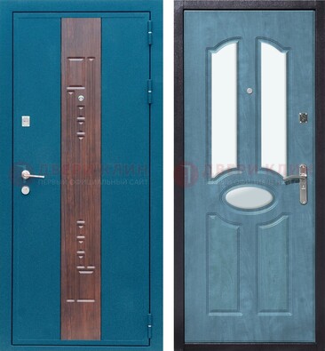 Голубая металлическая дверь МДФ с тремя зеркальными вставками ДЗ-78 в Железнодорожном