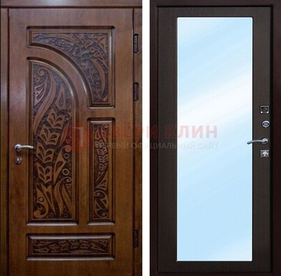 Коричневая входная дверь c узором и виноритом МДФ с зеркалом ДЗ-98 в Железнодорожном