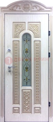 Белая железная дверь с МДФ и витражом ВЖ-26 в Железнодорожном