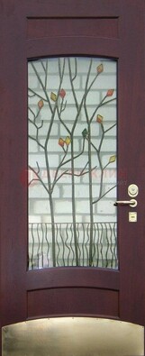 Бордовая стальная дверь с витражом и декоративным элементом ВЖ-3 в Железнодорожном